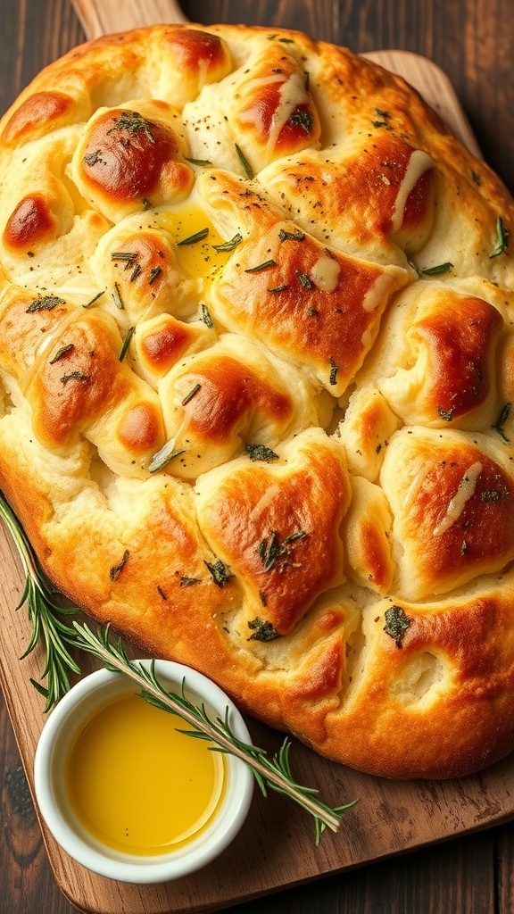 Focaccia Bread from Pizza Dough Recipe Golden focaccia bread with dimples, drizzled with olive oil and rosemary, on a wooden board with a bowl of olive oil.